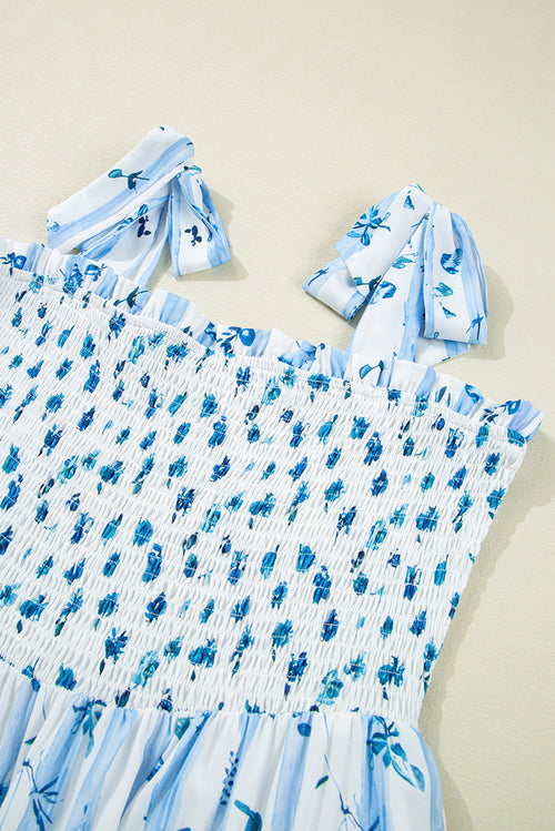 Floral Smocked Tied Strap Tiered Maxi Dress