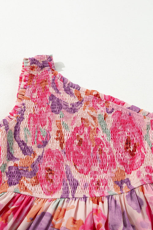 Abstract Floral One-Shoulder Shirred Maxi Dress