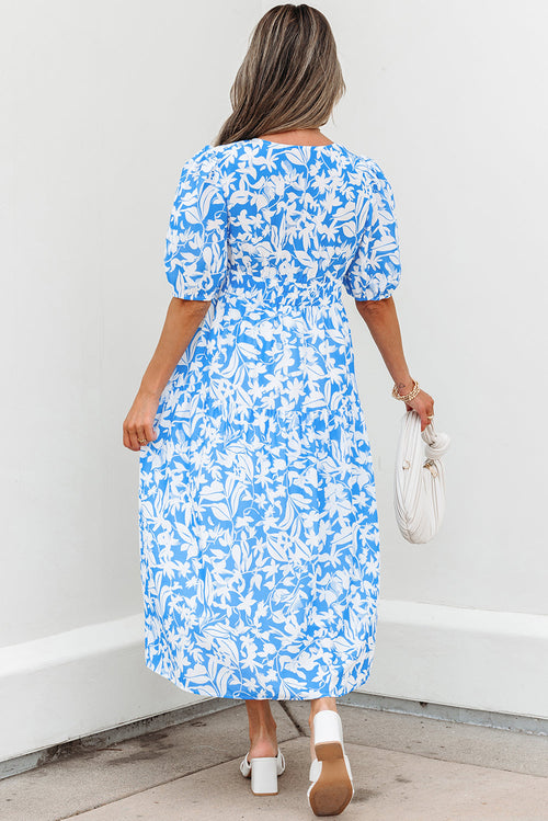 Floral V-Neck Puff Sleeve Flowy Maxi Dress