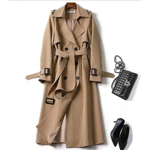 Women's Classic Trench Coat, Solid Color Long Sleeve Belted Mid-Length