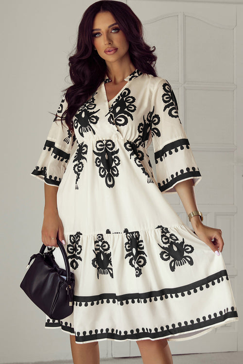 Western Geometric 3/4 Sleeve Midi Dress