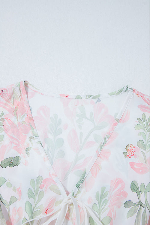 Floral Tied V-Neck Puff Sleeve Peplum Blouse