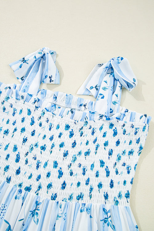Floral Smocked Tied Strap Tiered Maxi Dress