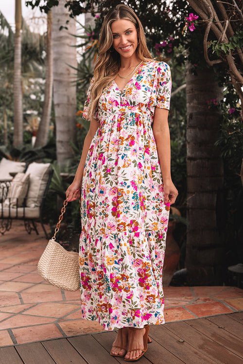 Floral V-Neck Short Sleeve Maxi Dress