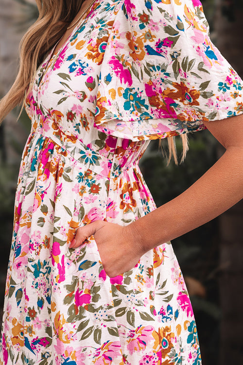 Floral V-Neck Short Sleeve Maxi Dress