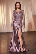Lace Long Sleeve Satin Fitted Gown