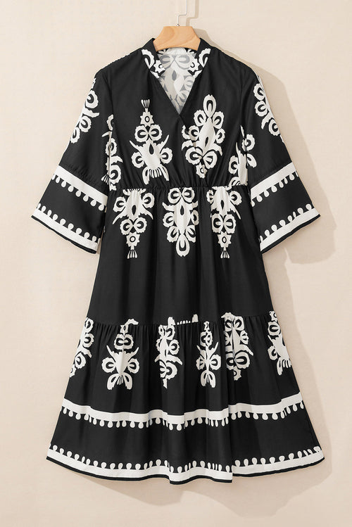 Western Geometric 3/4 Sleeve Midi Dress