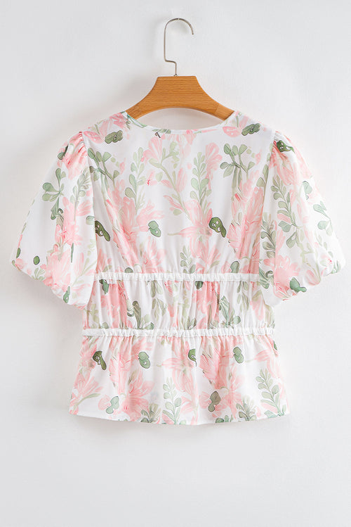 Floral Tied V-Neck Puff Sleeve Peplum Blouse